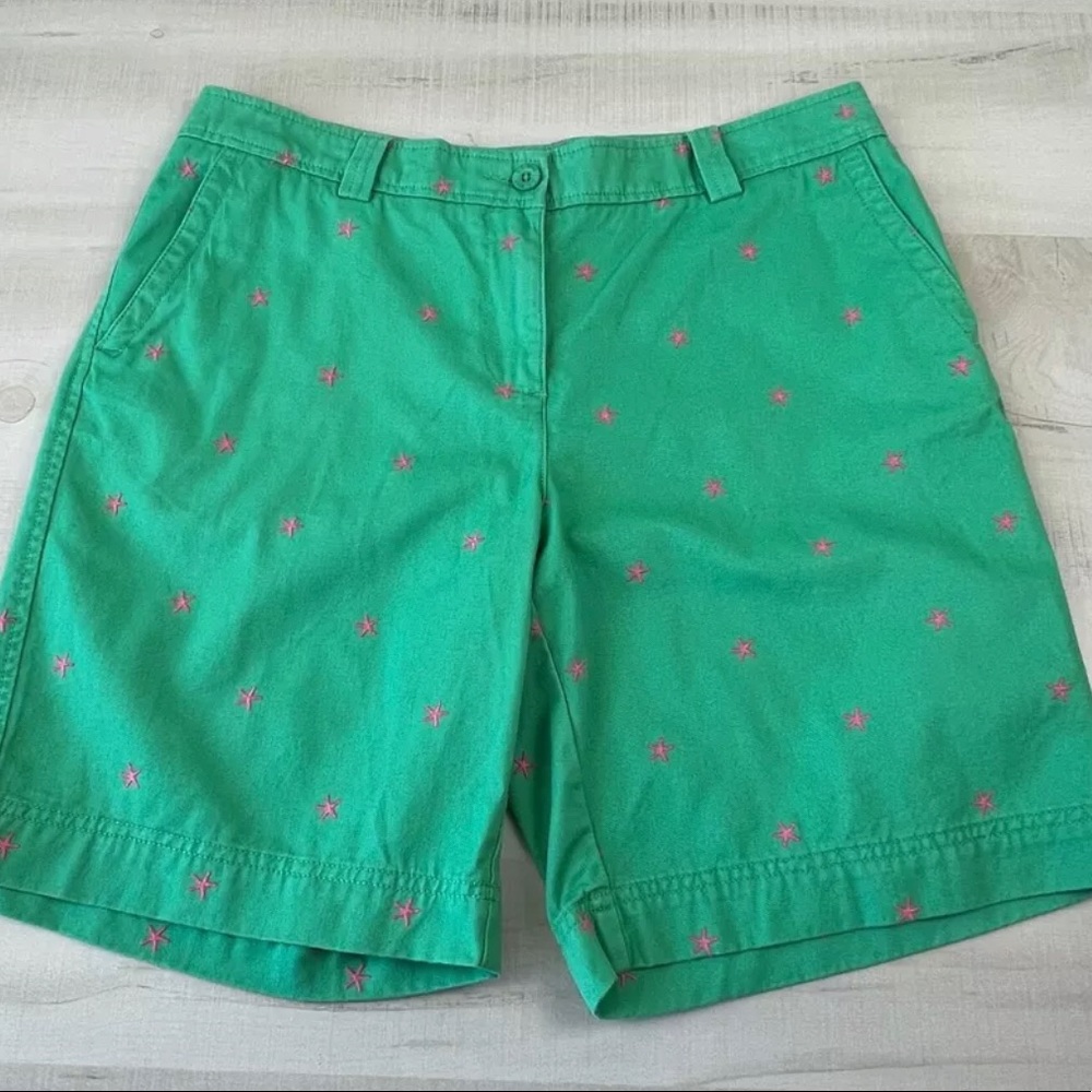 LL Bean Womens Chino Shorts 16 Green Bermuda Pink Starfish Beach Casual Summer